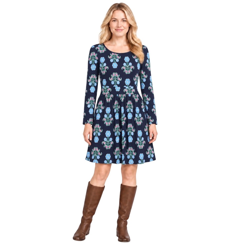 Boden Navy Blue Floral Paisley Jersey Long Sleeve Fit & Flare Dress Sz 16-18 R
